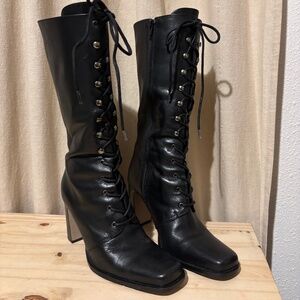 Lace up/zip leather black boots